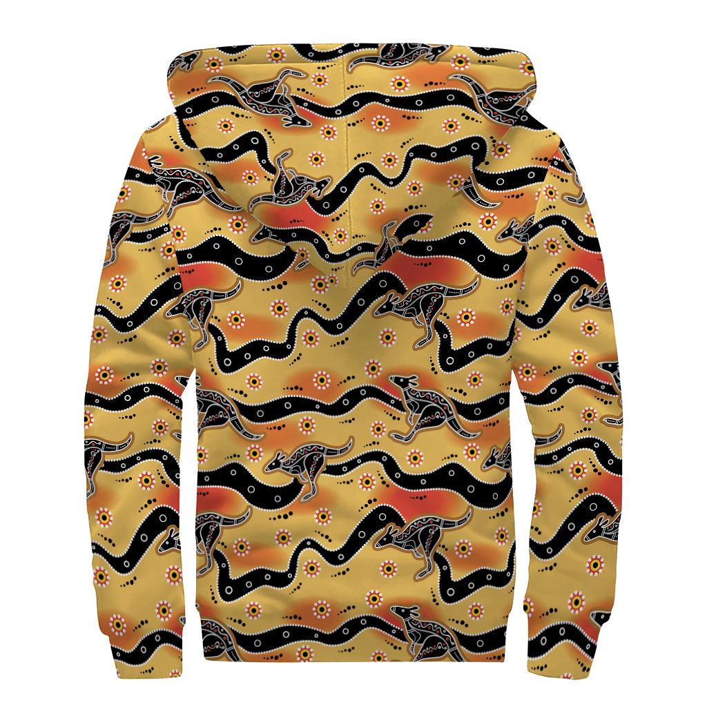 Aboriginal Kangaroo Pattern Print Sherpa Lined Zip Up Hoodie