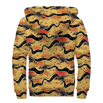 Aboriginal Kangaroo Pattern Print Sherpa Lined Zip Up Hoodie