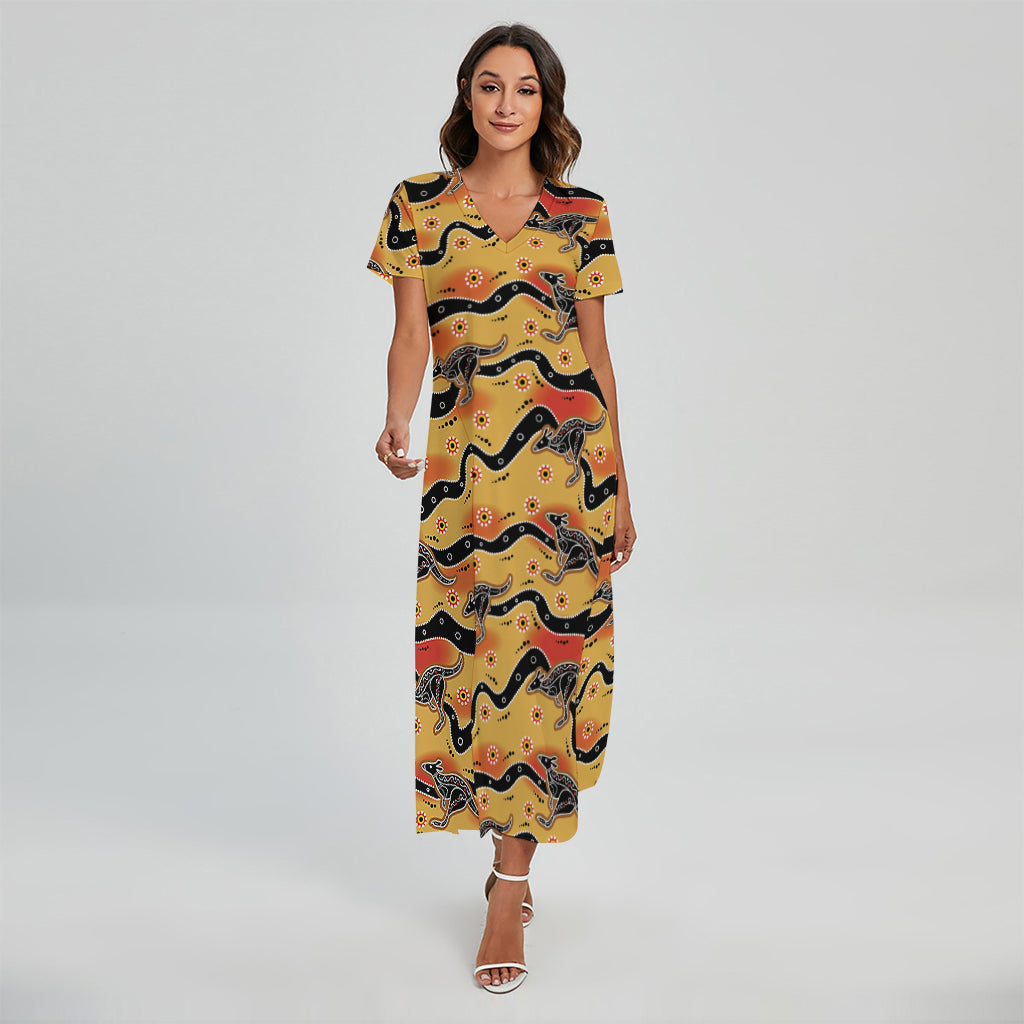 Aboriginal Kangaroo Pattern Print Short Sleeve Maxi Dress