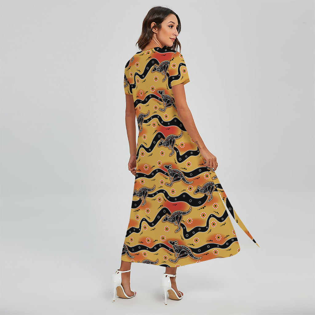 Aboriginal Kangaroo Pattern Print Short Sleeve Maxi Dress