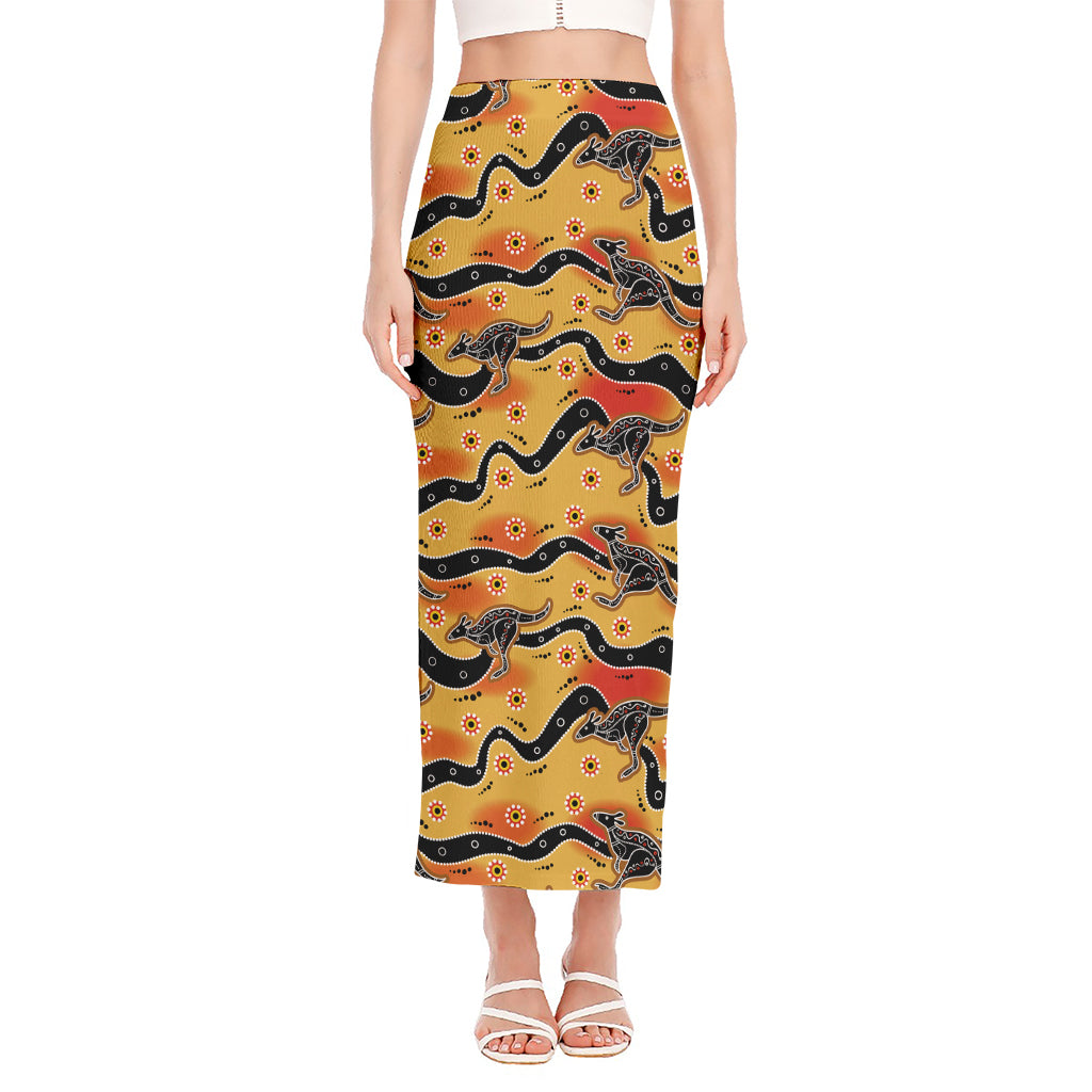 Aboriginal Kangaroo Pattern Print Side Slit Maxi Skirt