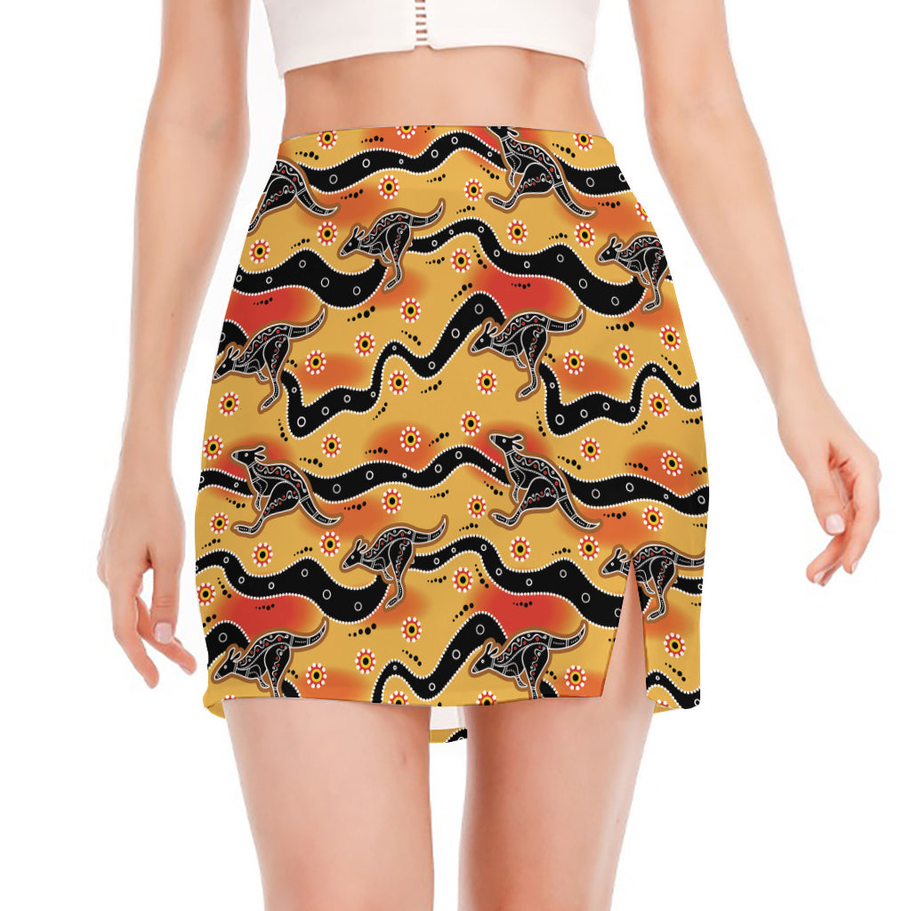 Aboriginal Kangaroo Pattern Print Side Slit Mini Skirt