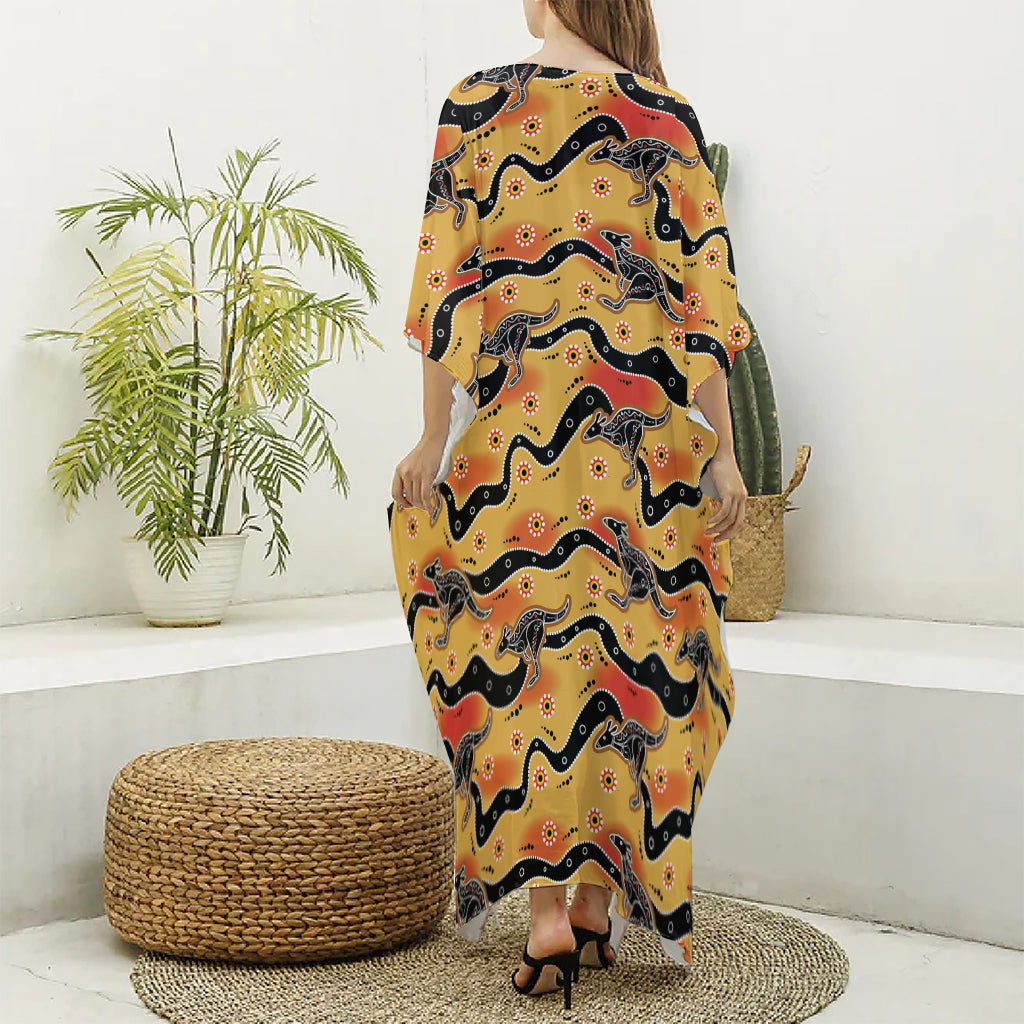 Aboriginal Kangaroo Pattern Print Silk V-Neck Kaftan Dress