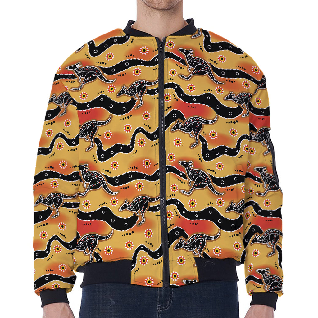 Aboriginal Kangaroo Pattern Print Zip Sleeve Bomber Jacket