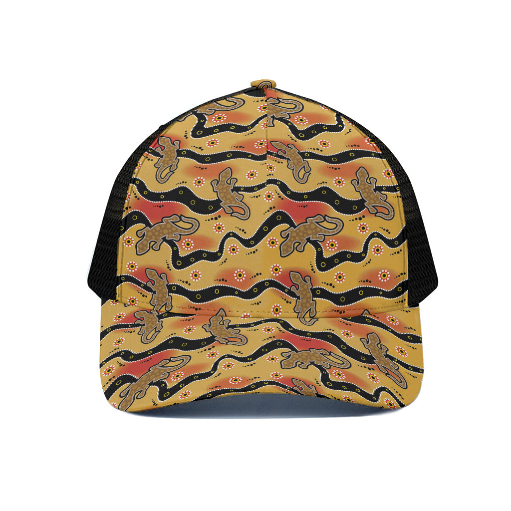 Aboriginal Lizard Pattern Print Black Mesh Trucker Cap