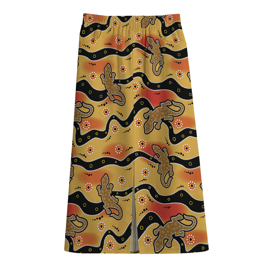 Aboriginal Lizard Pattern Print Cotton Front Slit Maxi Skirt