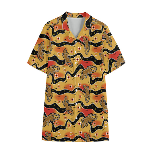 Aboriginal Lizard Pattern Print Cotton Hawaiian Shirt