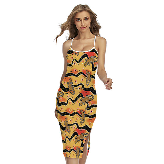 Aboriginal Lizard Pattern Print Cross Back Cami Dress