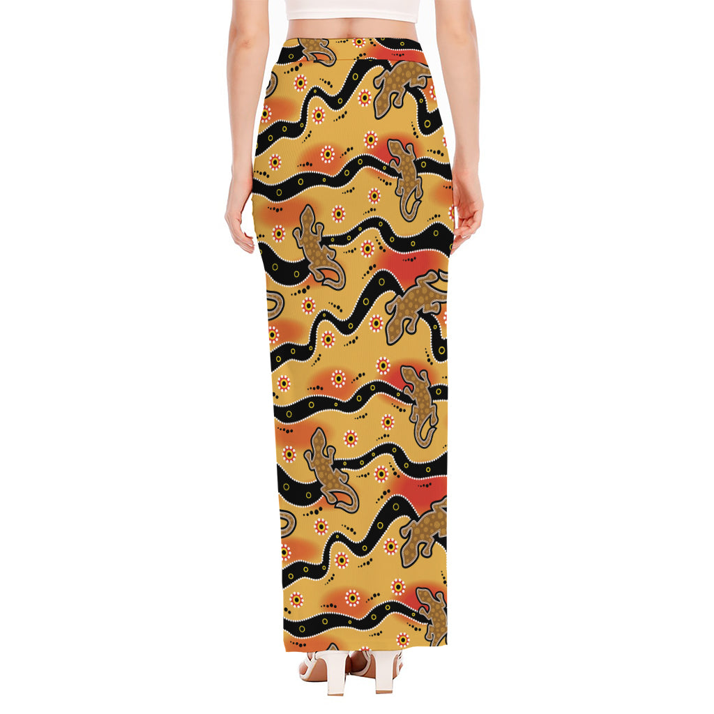 Aboriginal Lizard Pattern Print High Slit Maxi Skirt