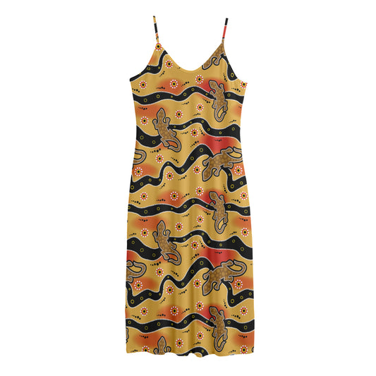 Aboriginal Lizard Pattern Print Jersey Midi Cami Dress
