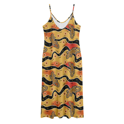 Aboriginal Lizard Pattern Print Jersey Midi Cami Dress