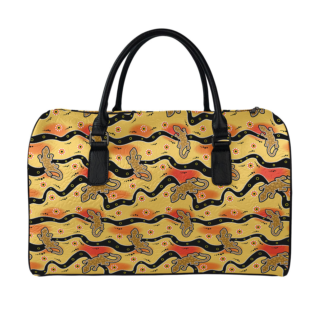 Aboriginal Lizard Pattern Print Leather Duffle Bag