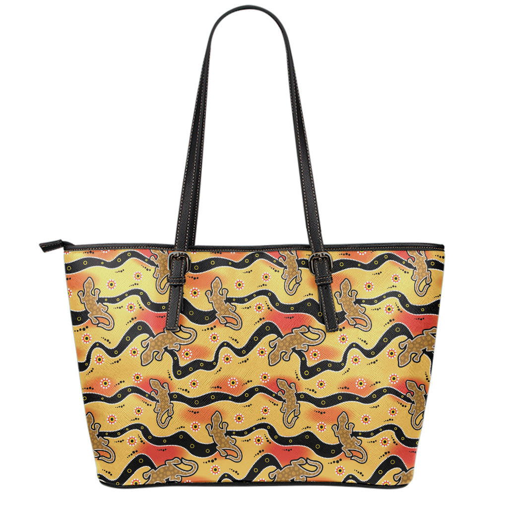 Aboriginal Lizard Pattern Print Leather Tote Bag