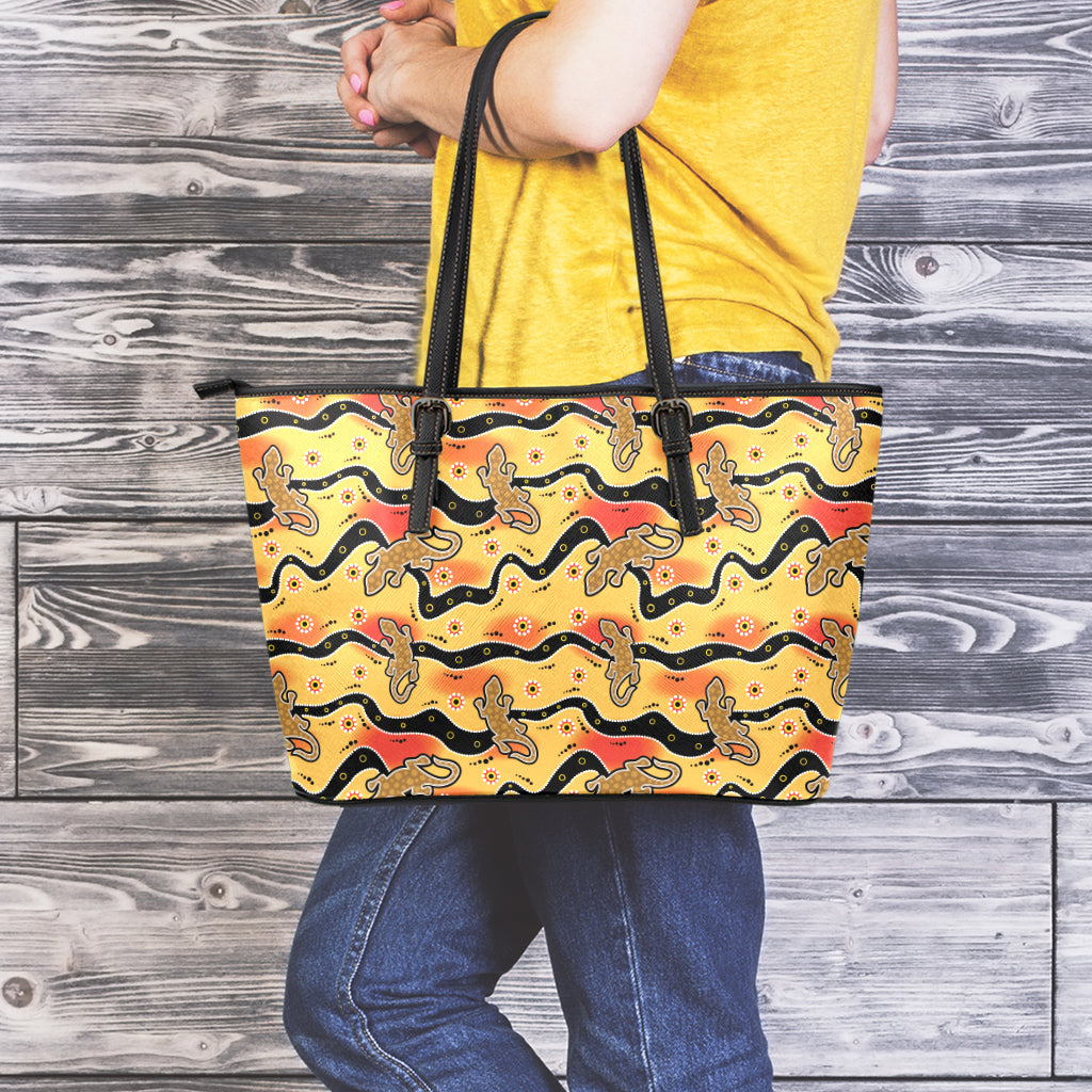 Aboriginal Lizard Pattern Print Leather Tote Bag