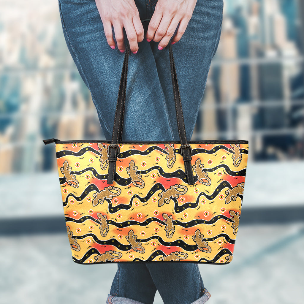 Aboriginal Lizard Pattern Print Leather Tote Bag