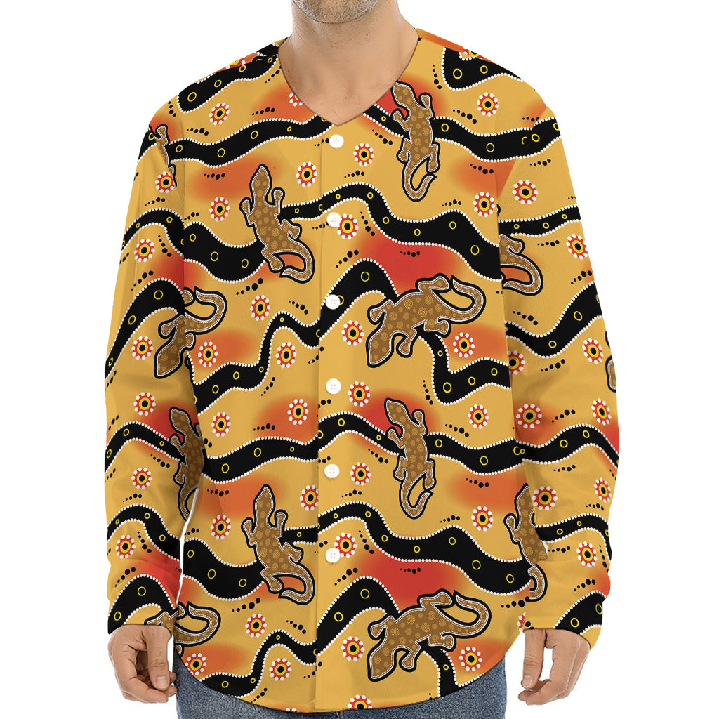 Aboriginal Lizard Pattern Print Long Sleeve Baseball Jersey