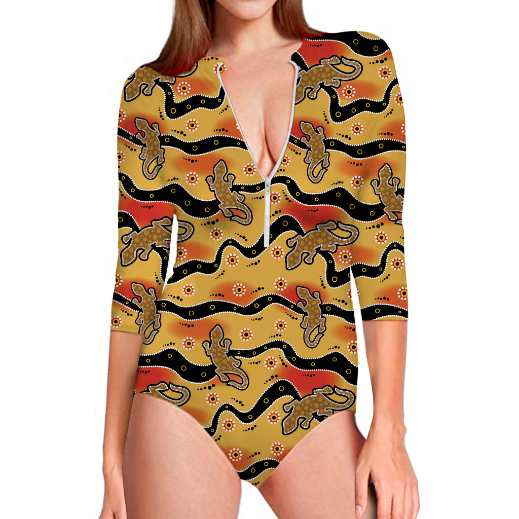 Aboriginal Lizard Pattern Print Long Sleeve Swimsuit