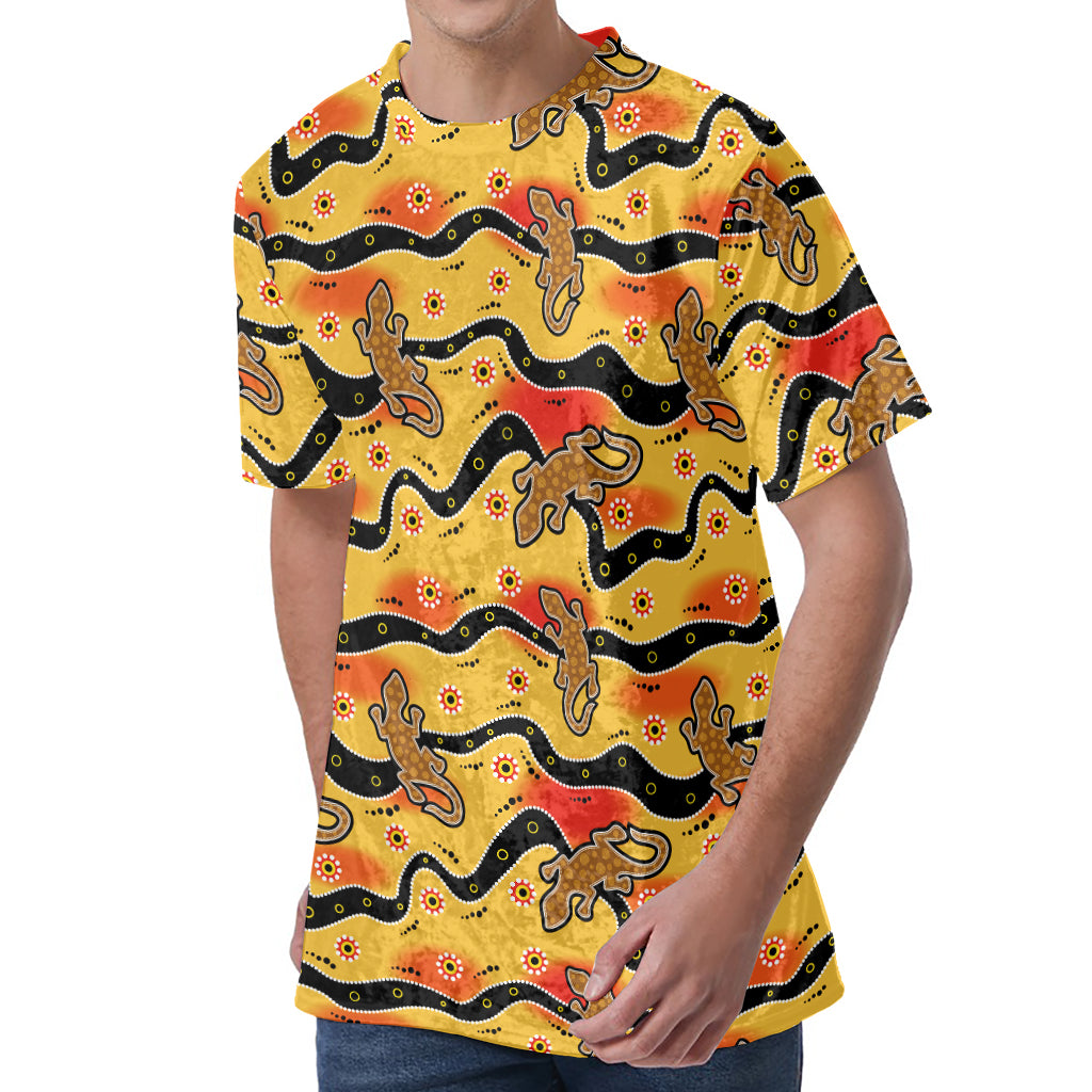 Aboriginal Lizard Pattern Print Men's Velvet T-Shirt