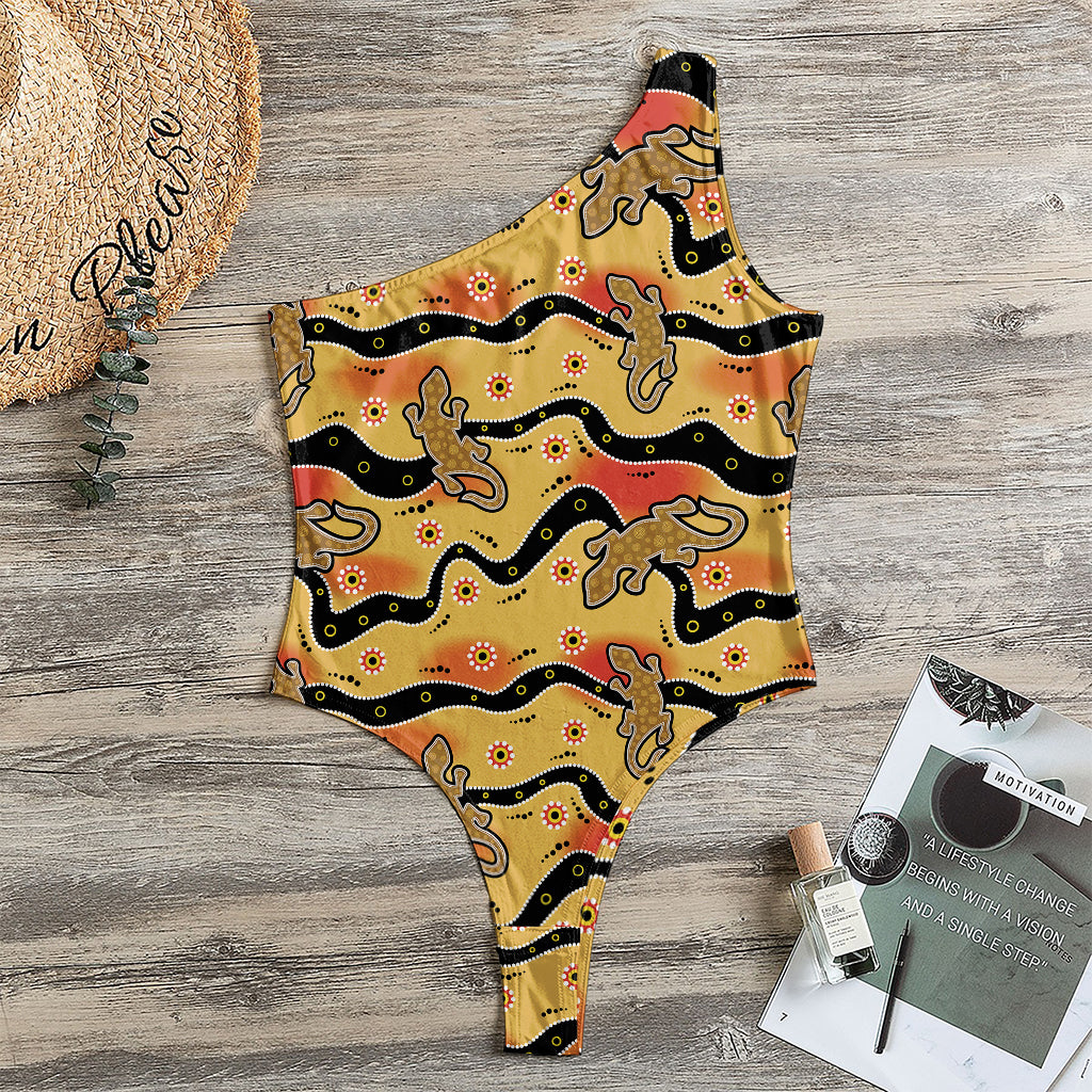 Aboriginal Lizard Pattern Print One Shoulder Bodysuit