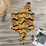 Aboriginal Lizard Pattern Print One Shoulder Bodysuit