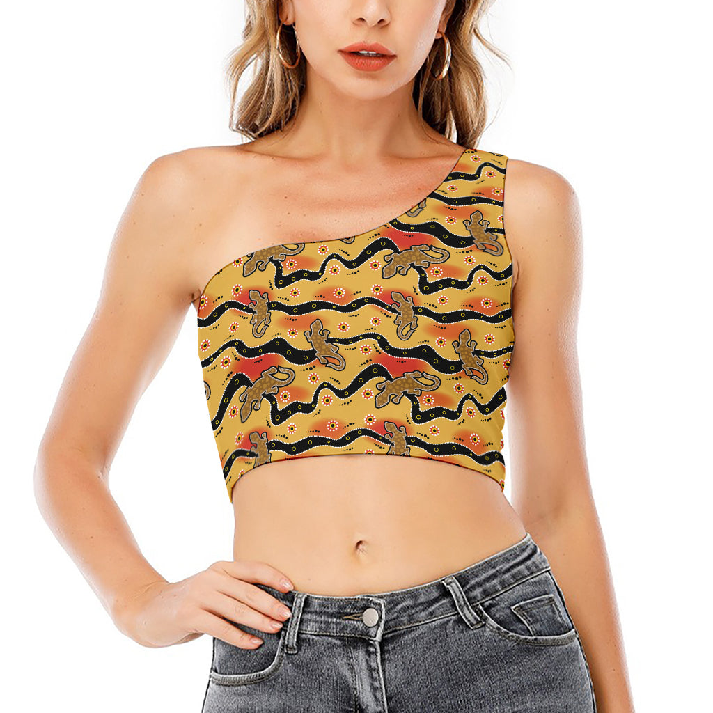 Aboriginal Lizard Pattern Print One Shoulder Crop Top