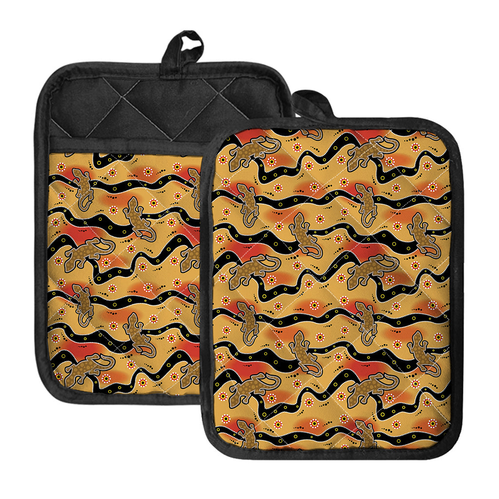 Aboriginal Lizard Pattern Print Pot Holders With Pocket
