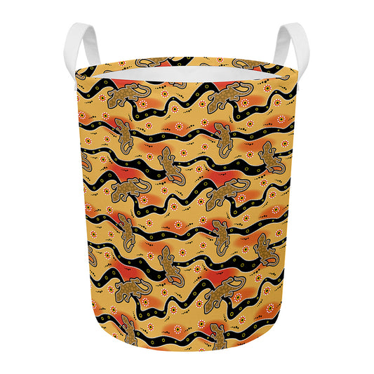 Aboriginal Lizard Pattern Print Round Laundry Basket