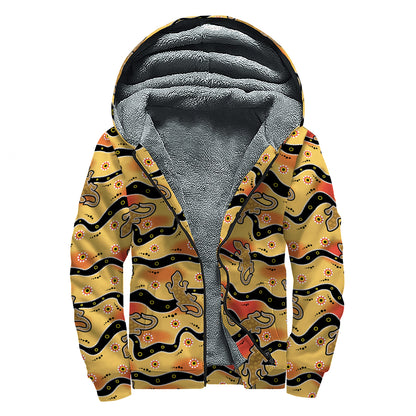 Aboriginal Lizard Pattern Print Sherpa Lined Zip Up Hoodie