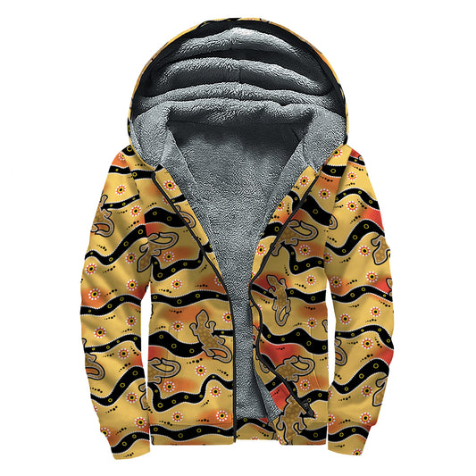 Aboriginal Lizard Pattern Print Sherpa Lined Zip Up Hoodie