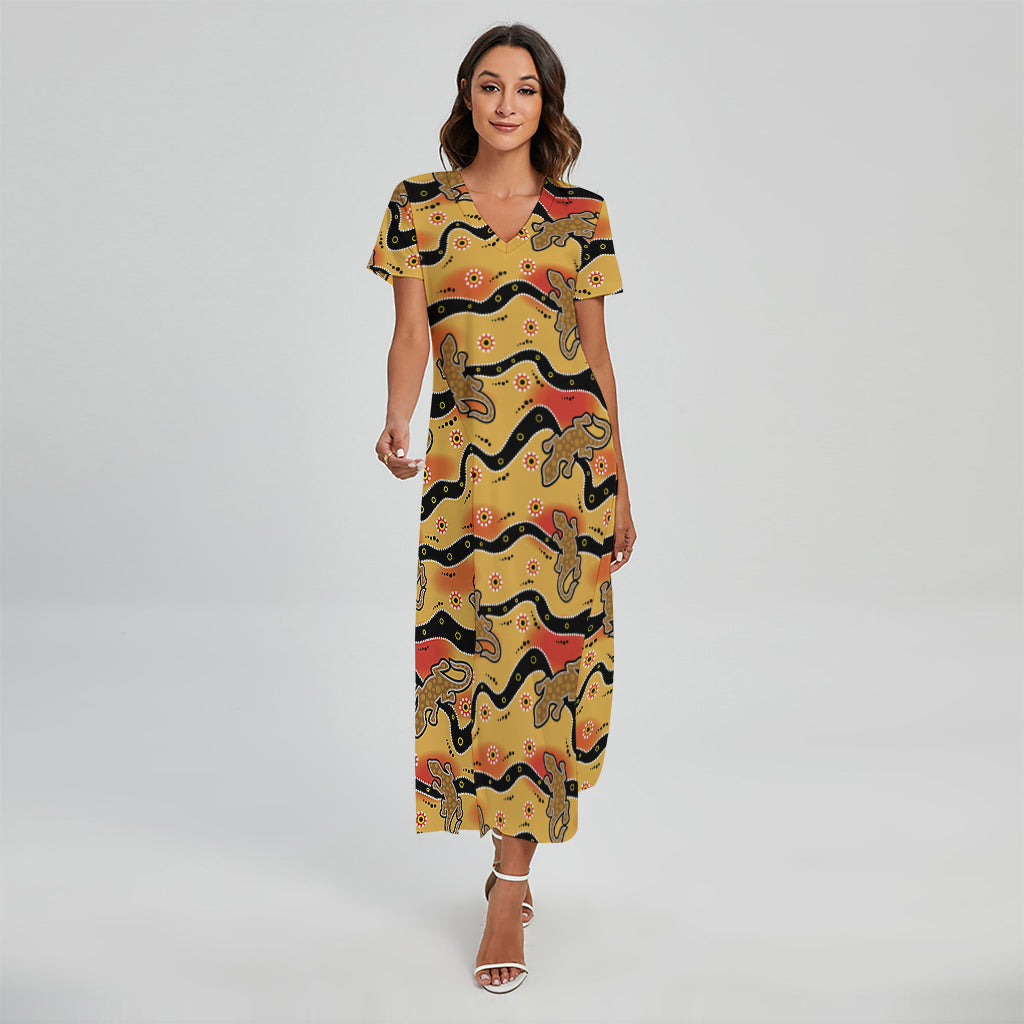 Aboriginal Lizard Pattern Print Short Sleeve Maxi Dress