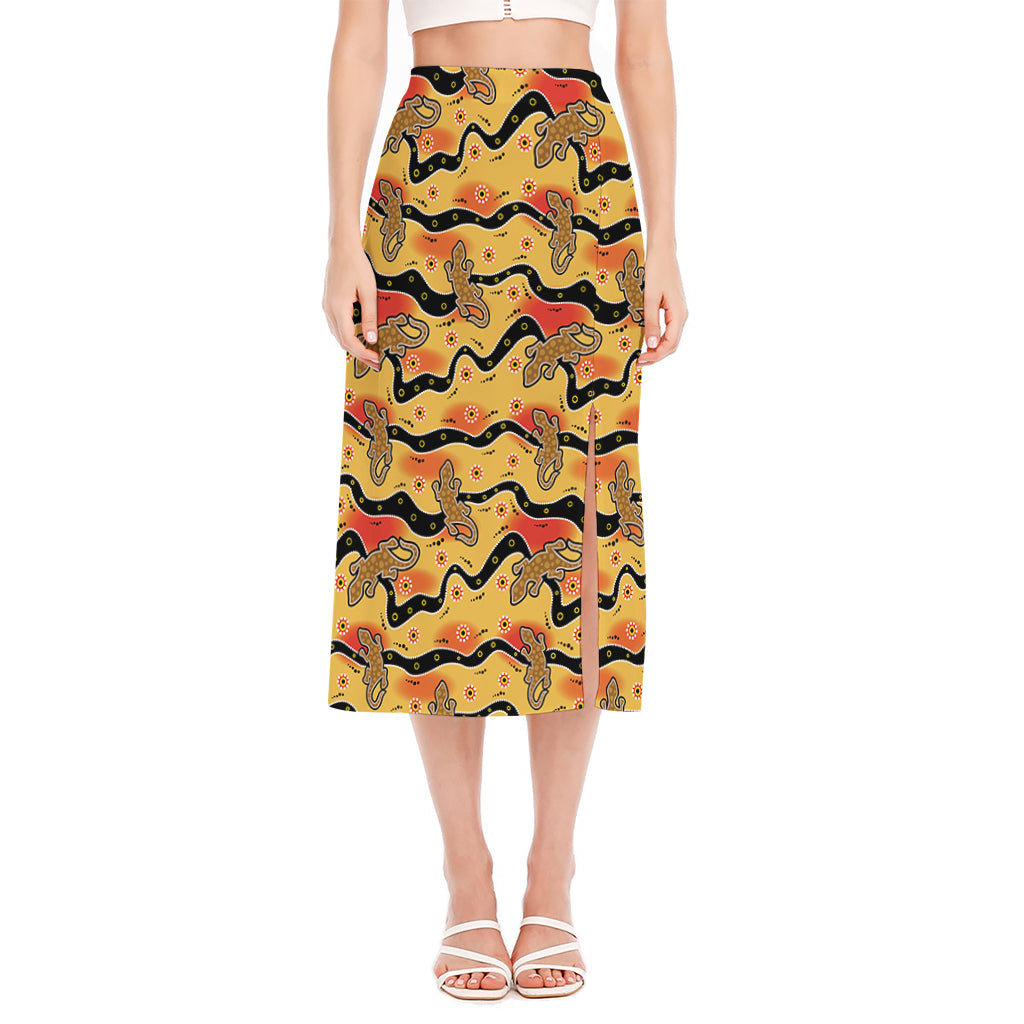 Aboriginal Lizard Pattern Print Side Slit Midi Skirt