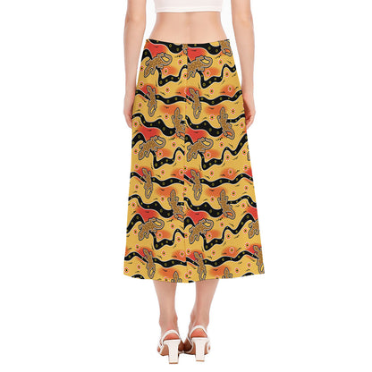 Aboriginal Lizard Pattern Print Side Slit Midi Skirt