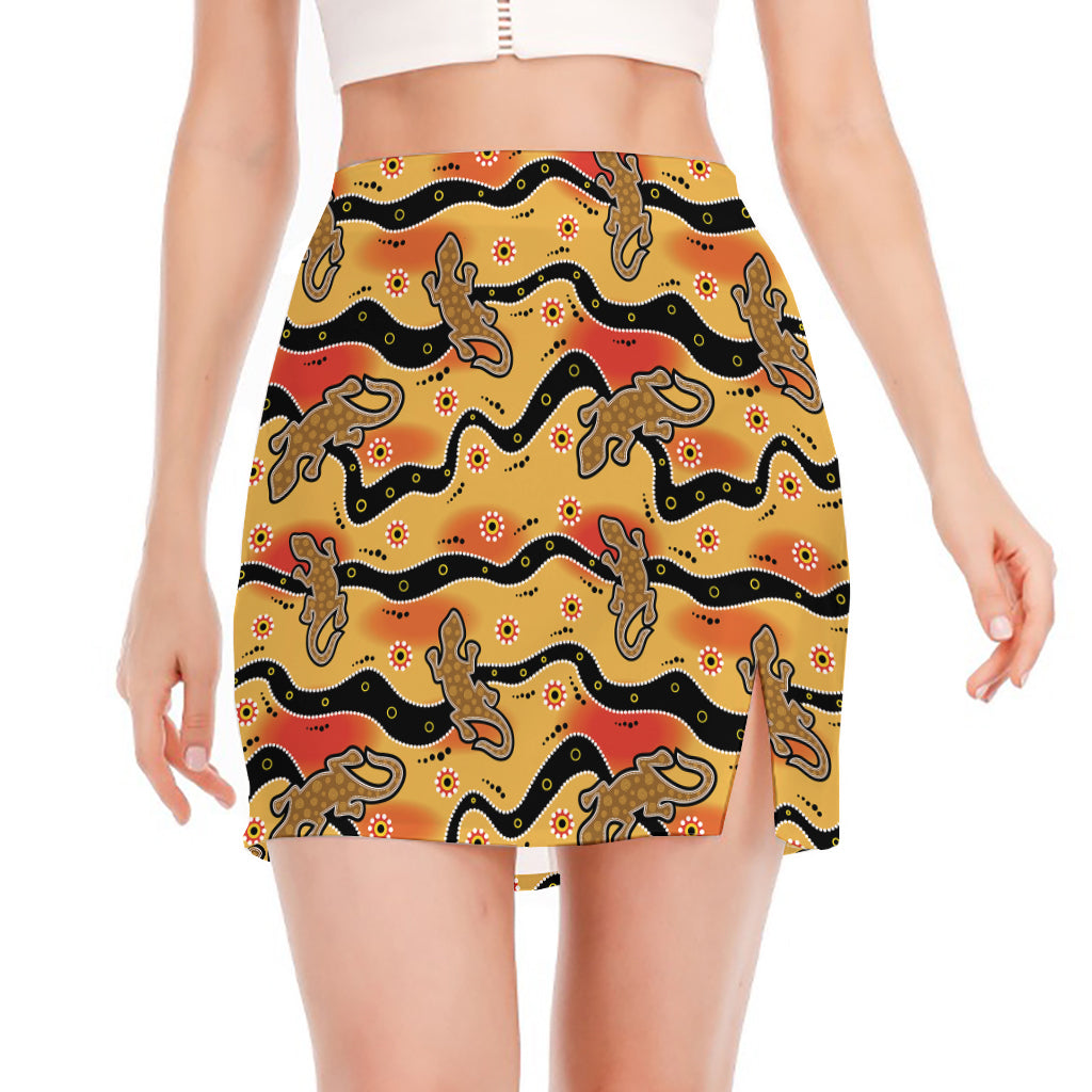 Aboriginal Lizard Pattern Print Side Slit Mini Skirt