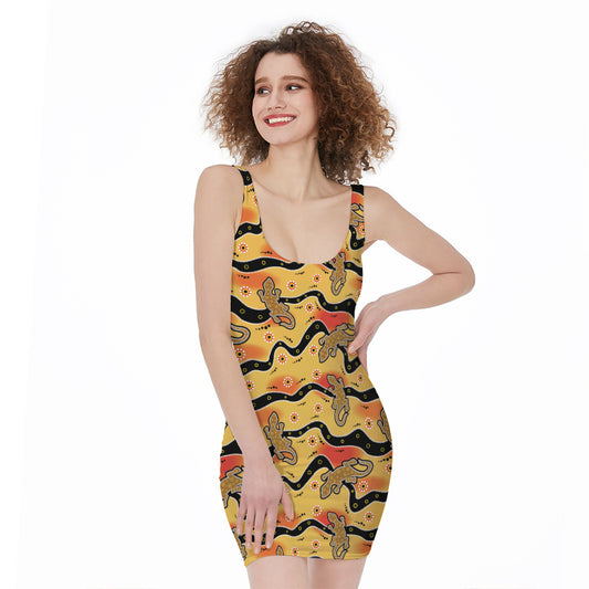 Aboriginal Lizard Pattern Print Sleeveless Bodycon Dress