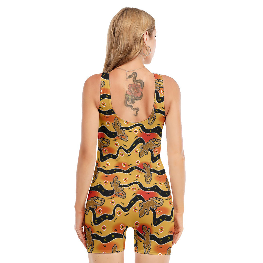 Aboriginal Lizard Pattern Print Sleeveless One Piece Swimsuit