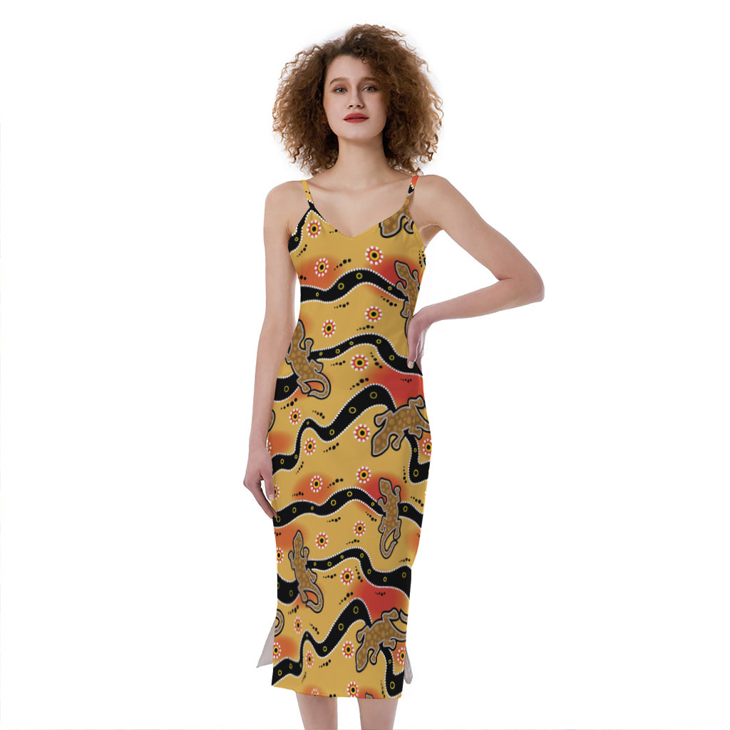 Aboriginal Lizard Pattern Print Slim Fit Midi Cami Dress