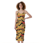 Aboriginal Lizard Pattern Print Slim Fit Midi Cami Dress