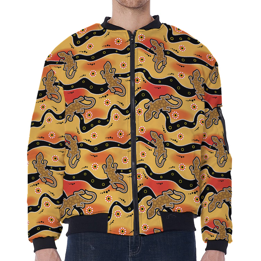 Aboriginal Lizard Pattern Print Zip Sleeve Bomber Jacket