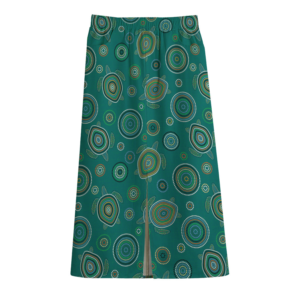 Aboriginal Sea Turtle Pattern Print Cotton Front Slit Maxi Skirt