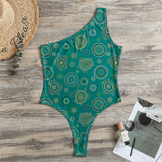 Aboriginal Sea Turtle Pattern Print One Shoulder Bodysuit