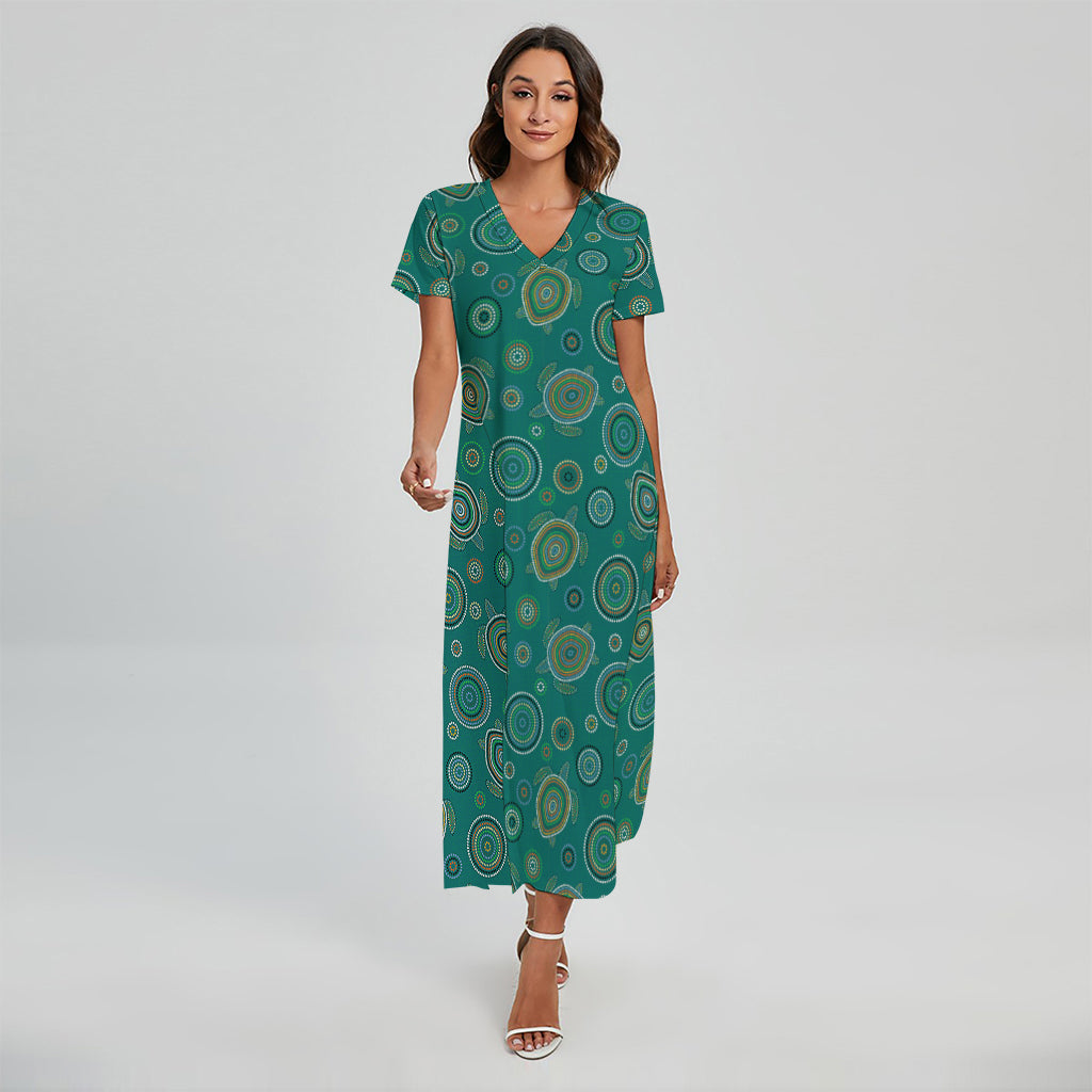 Aboriginal Sea Turtle Pattern Print Short Sleeve Maxi Dress