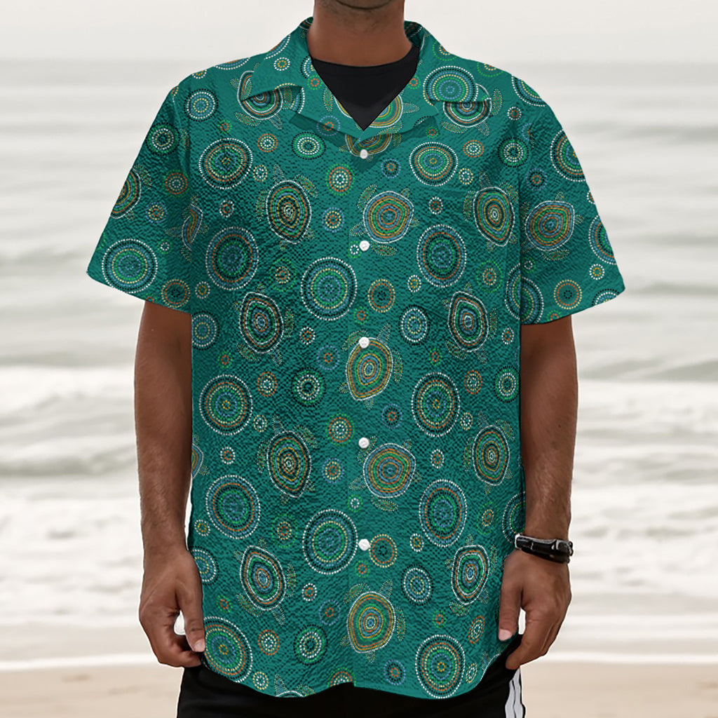 Aboriginal Sea Turtle Pattern Print Textured Short Sleeve Shirt
