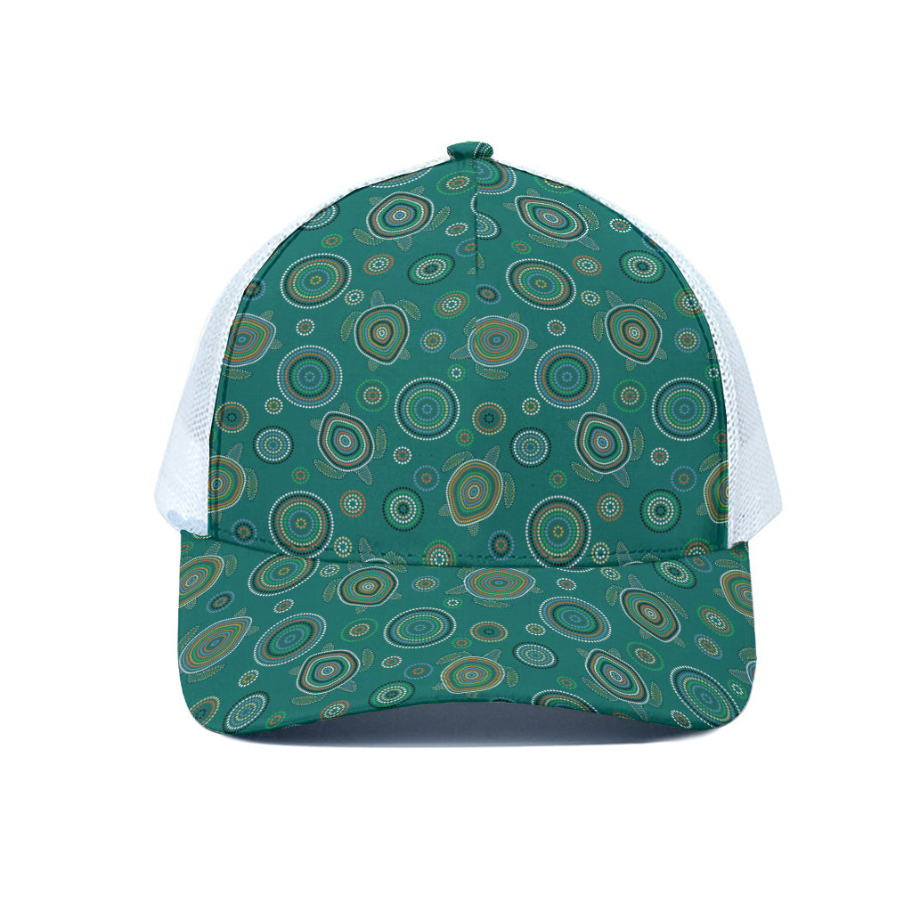 Aboriginal Sea Turtle Pattern Print White Mesh Trucker Cap