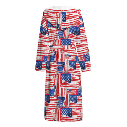 Abstract American Flag Print Hooded Bathrobe