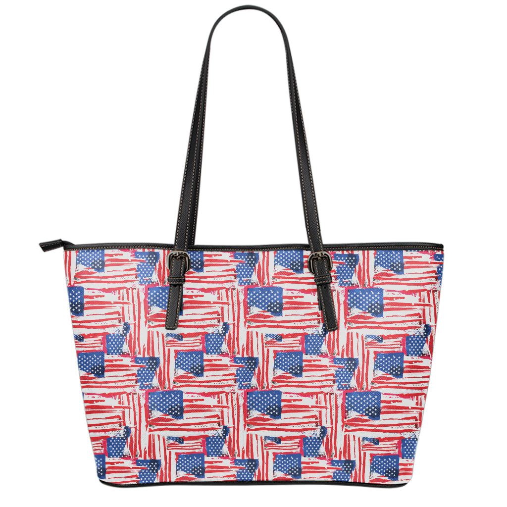 Abstract American Flag Print Leather Tote Bag