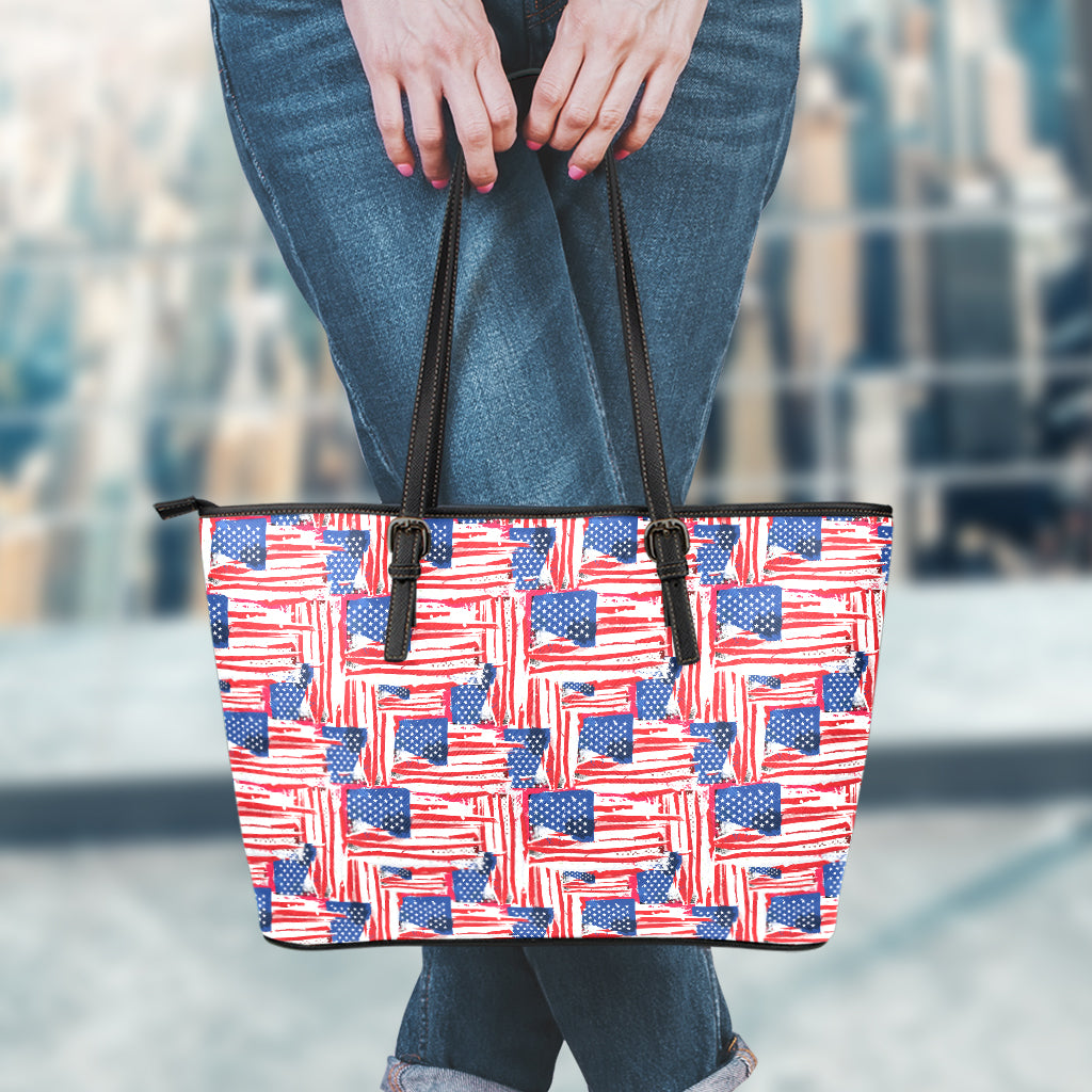 Abstract American Flag Print Leather Tote Bag