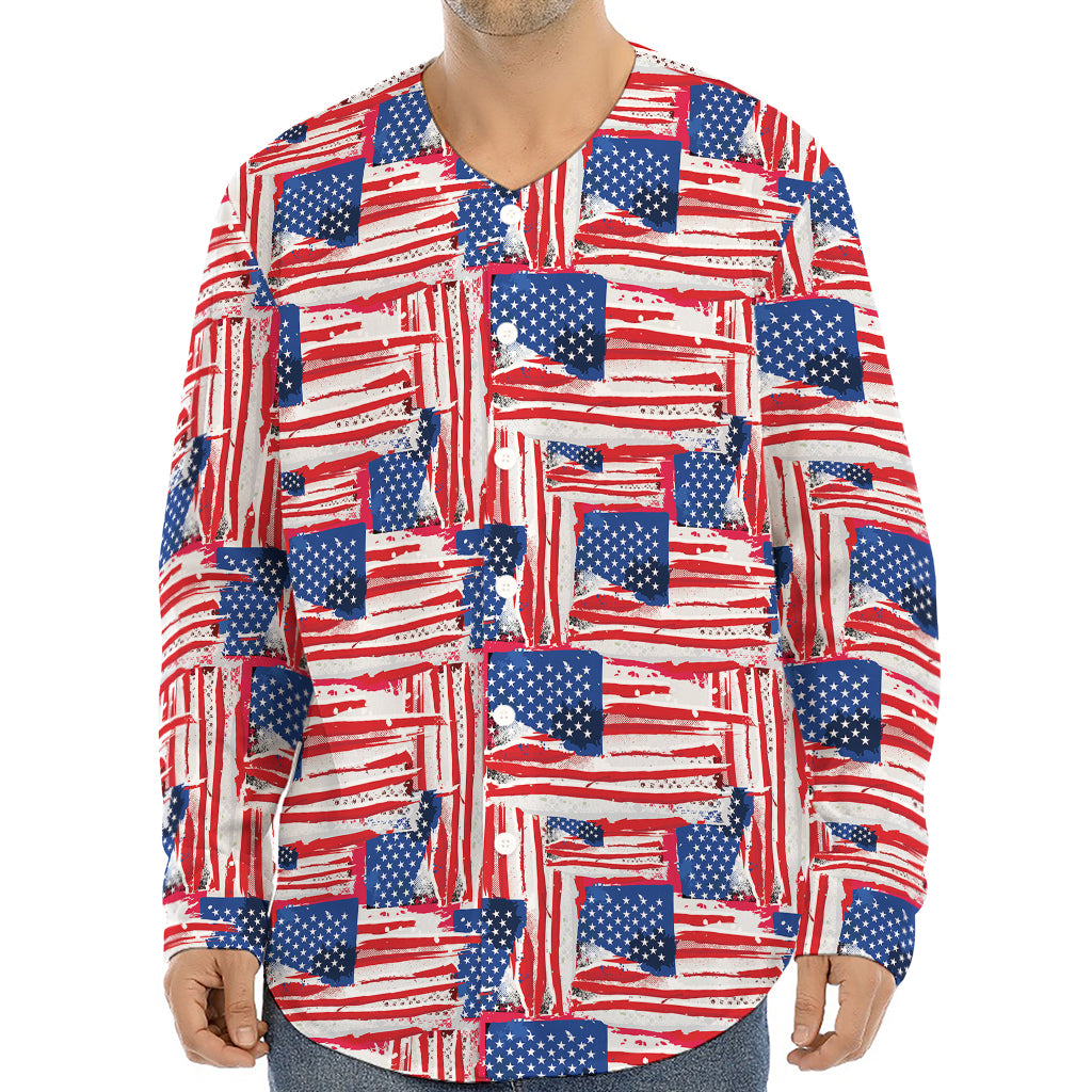 Abstract American Flag Print Long Sleeve Baseball Jersey