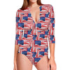 Abstract American Flag Print Long Sleeve Swimsuit