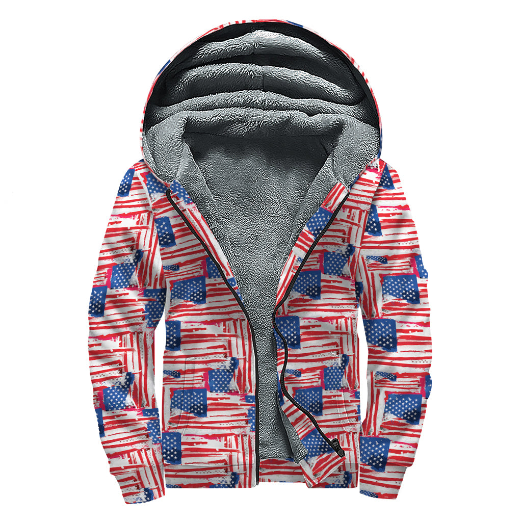 Abstract American Flag Print Sherpa Lined Zip Up Hoodie