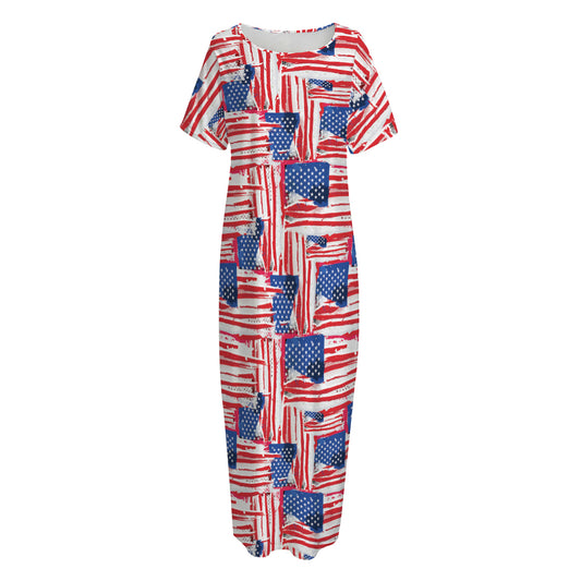 Abstract American Flag Print Short Sleeve Long Nightdress